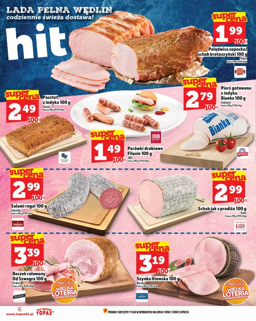 Gazetka promocyjna Topaz - Gazetka - ważna 11.09 do 17.09.2025 - strona 6 - produkty: Bianka, Boczek, Gra, Krakus, Parówki, Polędwica, Rogal, Salami, Schab krotoszyński, Sok, Sokołów, Top