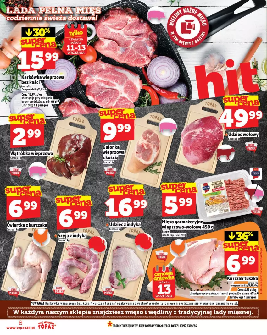 Gazetka promocyjna Topaz - Gazetka - ważna 11.09 do 17.09.2025 - strona 8 - produkty: Karkówka wieprzowa, Kurczak, Mięso, Top, Tusz, Waga