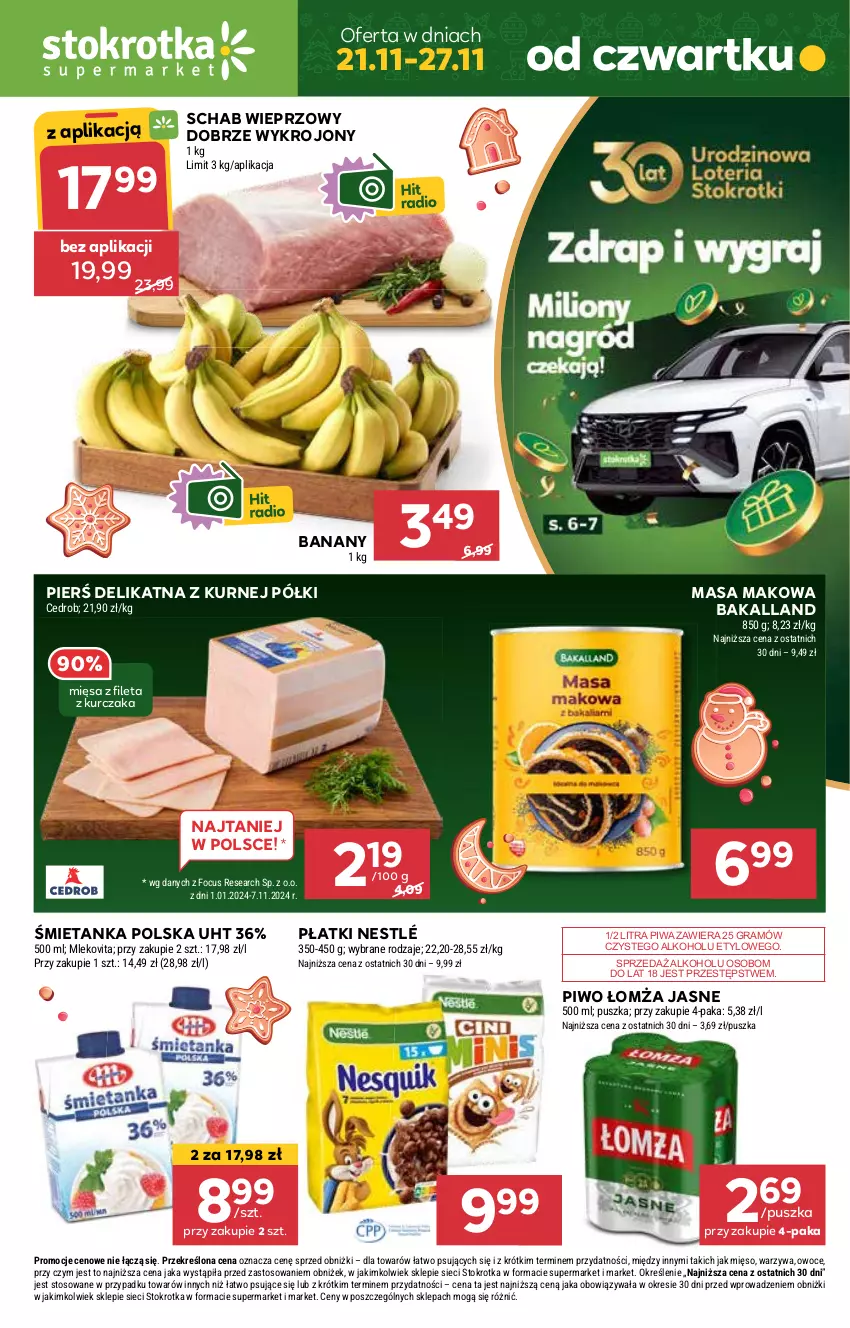 Gazetka promocyjna Stokrotka - Supermarket - ważna 21.11 do 27.11.2024 - strona 1 - produkty: Bakalland, Banany, Gra, Kurczak, Mięso, Nestlé, Owoce, Piwa, Piwo, Schab wieprzowy, Warzywa