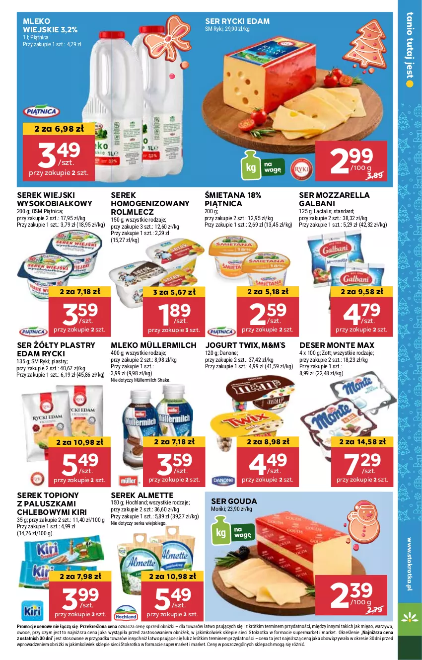 Gazetka promocyjna Stokrotka - Supermarket - ważna 21.11 do 27.11.2024 - strona 13 - produkty: Almette, Chleb, Danone, Deser, Edam, Galbani, Gouda, Jogurt, Mięso, Mleko, Monte, Mozzarella, Müller, Müllermilch, Owoce, Piątnica, Rolmlecz, Rycki Edam, Ser, Serek, Serek homogenizowany, Serek wiejski, Sok, Top, Twix, Warzywa