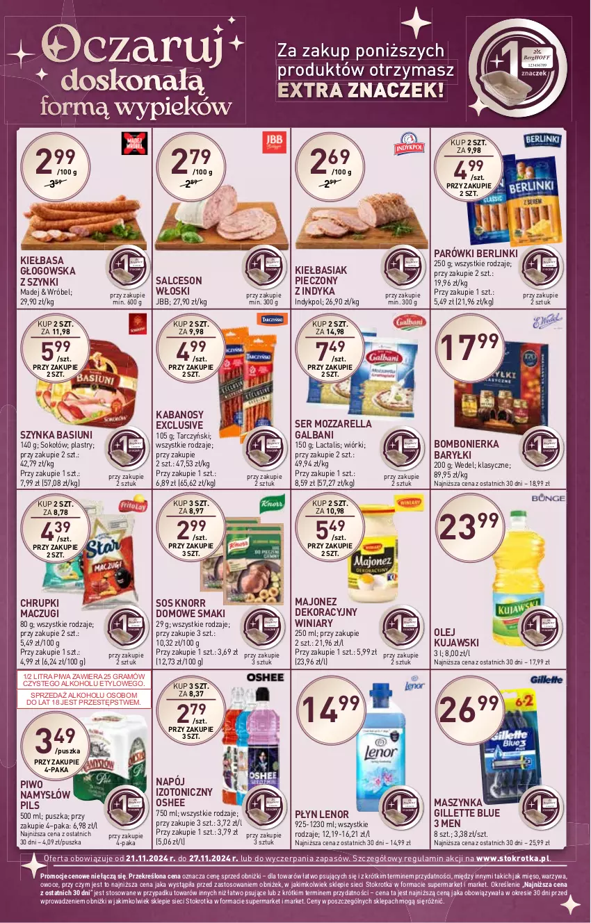 Gazetka promocyjna Stokrotka - Supermarket - ważna 21.11 do 27.11.2024 - strona 16 - produkty: Baryłki, Basia, Berlinki, Chrupki, Galbani, Gillette, Gra, Kabanos, Kiełbasa, Kiełbasa głogowska, Knorr, Kujawski, Lenor, Majonez, Maszynka, Mięso, Mozzarella, Namysłów, Napój, Napój izotoniczny, Olej, Oshee, Owoce, Parówki, Piec, Piwa, Piwo, Salceson, Ser, Sok, Sokołów, Sos, Szynka, Tarczyński, Warzywa, Winiary