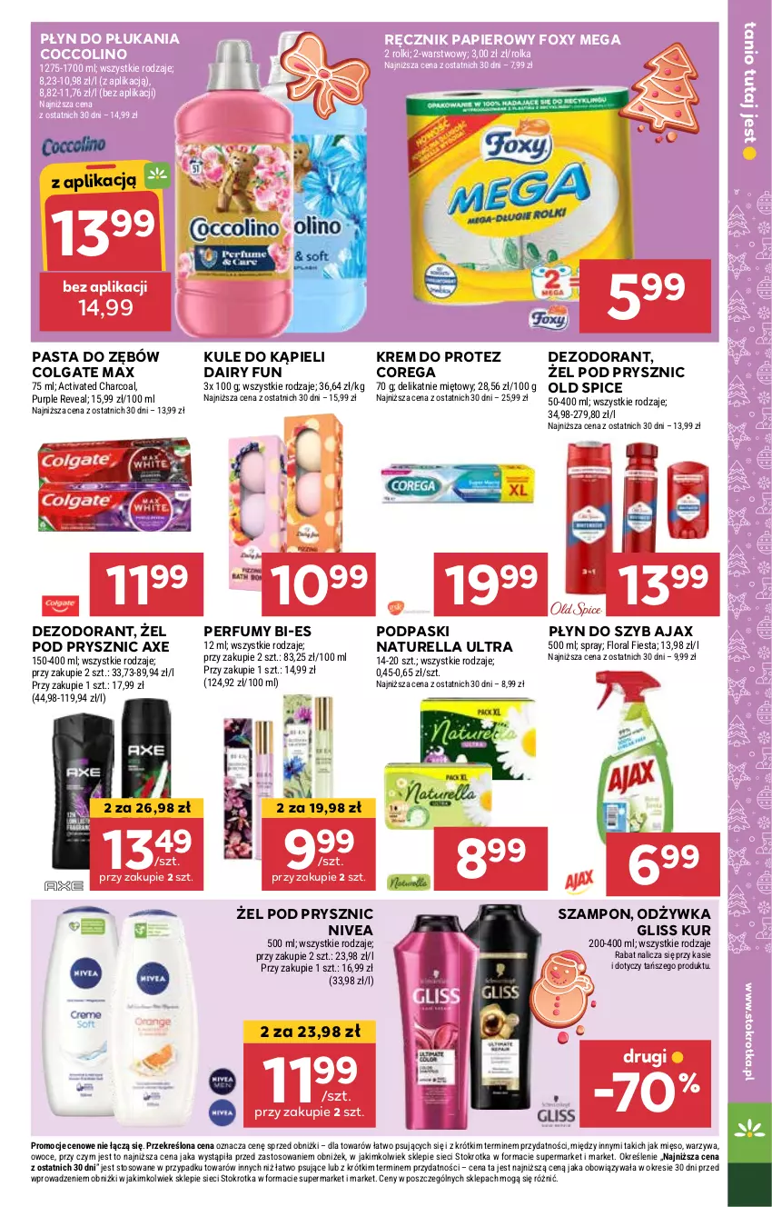 Gazetka promocyjna Stokrotka - Supermarket - ważna 21.11 do 27.11.2024 - strona 27 - produkty: Ajax, Coccolino, Colgate, Corega, Dezodorant, Foxy, Gliss Kur, LG, Mięso, Naturell, Naturella, Nivea, Odżywka, Old Spice, Owoce, Papier, Pasta do zębów, Perfum, Płyn do płukania, Płyn do szyb, Podpaski, Ręcznik, Rolki, Szampon, Warzywa