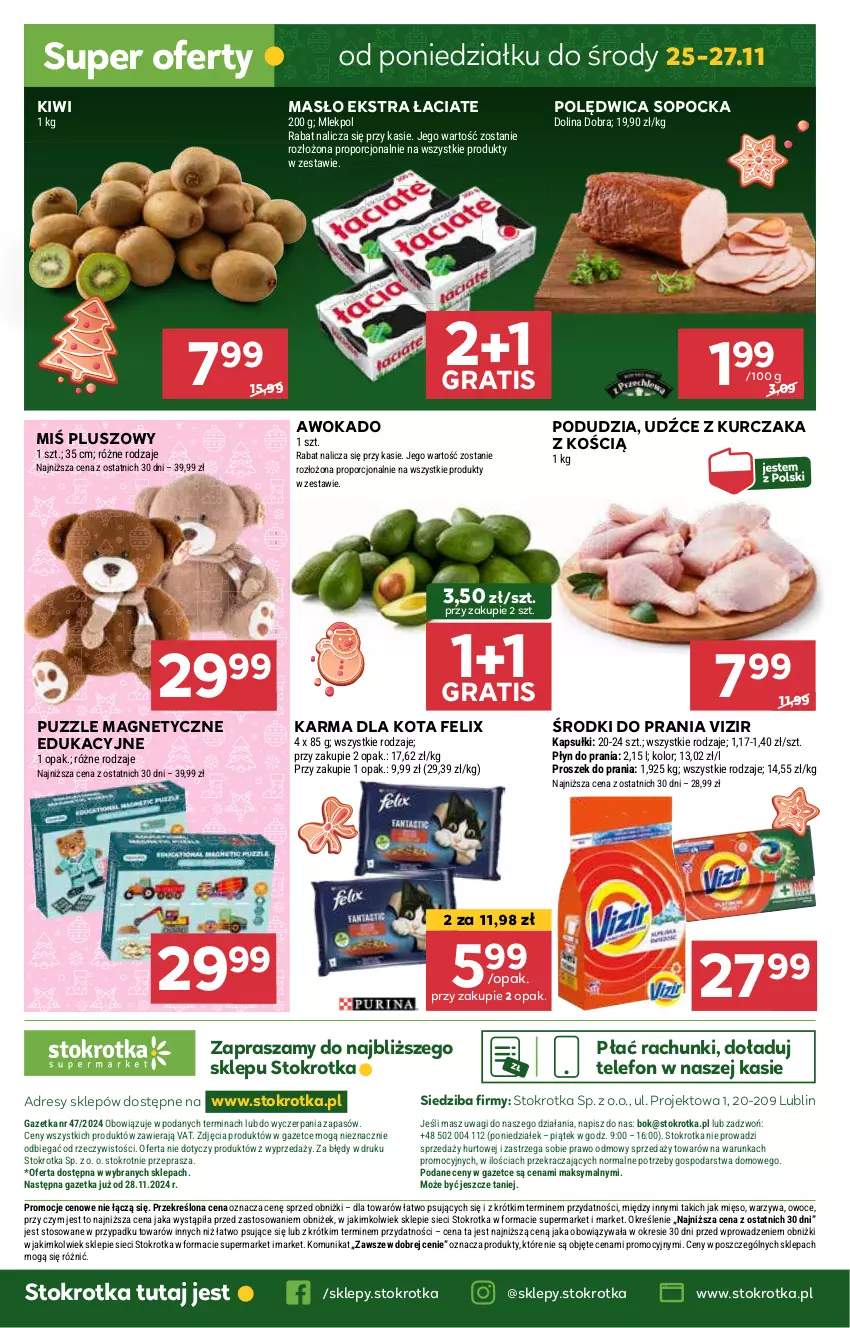 Gazetka promocyjna Stokrotka - Supermarket - ważna 21.11 do 27.11.2024 - strona 32 - produkty: Dres, Felix, Gra, JBL, Kiwi, Kurczak, Masło, Mięso, O nas, Owoce, Polędwica, Por, Puzzle, Telefon, Vizir, Wagi, Warzywa