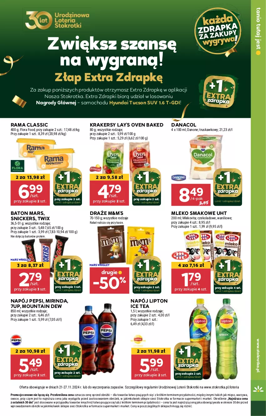 Gazetka promocyjna Stokrotka - Supermarket - ważna 21.11 do 27.11.2024 - strona 7 - produkty: 7up, Baton, Gra, Gry, Ice tea, Krakersy, Lay’s, Lipton, Mars, Mięso, Mirinda, Mleko, Mleko smakowe, Napój, Owoce, Pepsi, Rama, Snickers, Twix, Warzywa