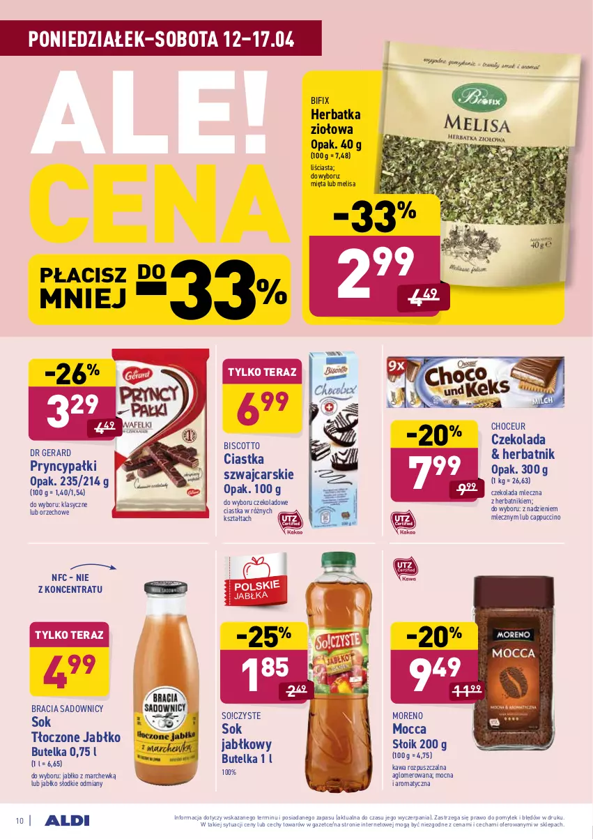 Gazetka promocyjna Aldi - ważna 12.04 do 17.04.2021 - strona 10 - produkty: Cappuccino, Cars, Ciastka, Czekolada, Czekolada mleczna, Dr Gerard, Herbatniki, Kawa, Kawa rozpuszczalna, Mięta, Sok, Sok jabłkowy, Tera