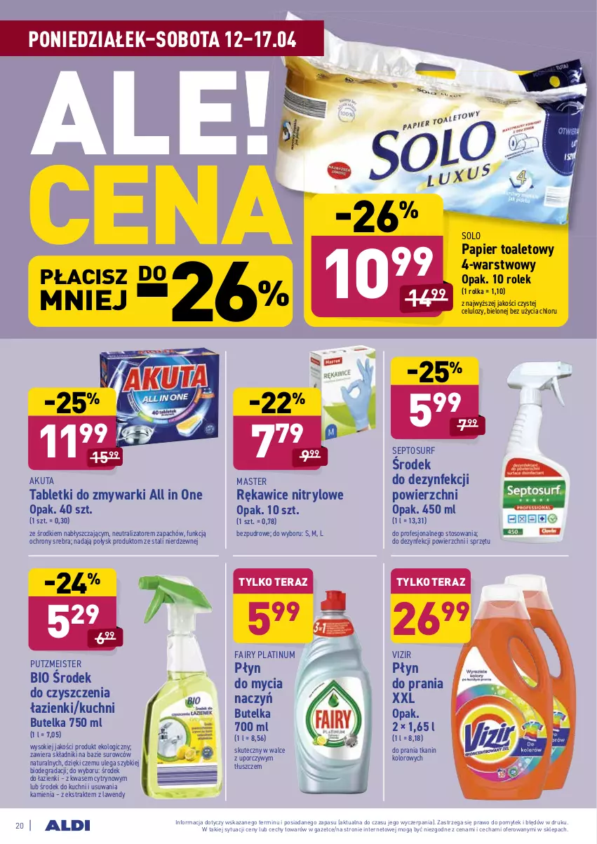 Gazetka promocyjna Aldi - ważna 12.04 do 17.04.2021 - strona 20 - produkty: Do mycia naczyń, Fa, Fairy, Gra, Papier, Papier toaletowy, Płyn do mycia, Płyn do mycia naczyń, Płyn do prania, Por, Putzmeister, Rękawice, Sok, Surf, Tablet, Tabletki do zmywarki, Tera, Vizir, Zmywarki