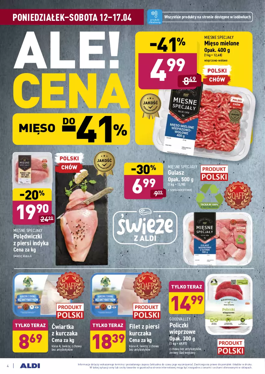 Gazetka promocyjna Aldi - ważna 12.04 do 17.04.2021 - strona 4 - produkty: Filet z piersi kurczaka, Kurczak, Lodówka, Mięsne specjały, Mięso, Mięso mielone, Tera