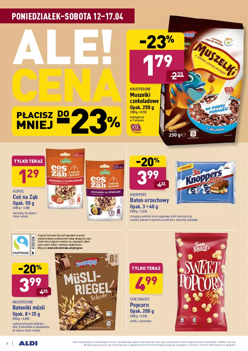 Gazetka promocyjna Aldi - ważna 12.04 do 17.04.2021 - strona 8 - produkty: Baton, Fa, Gra, Kakao, Knoppers, Kupiec, Mus, Müsli, Owsianka, Piec, Popcorn, Tera, Tonik, Wafelek