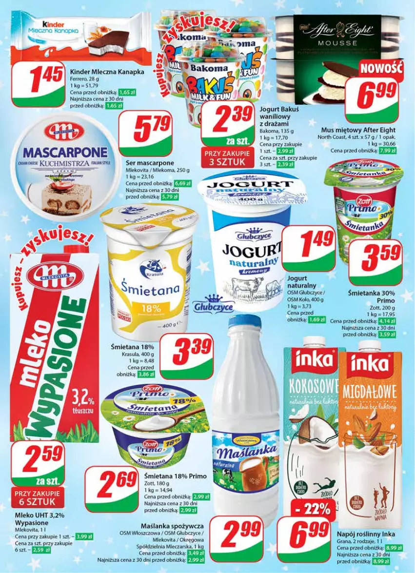 Gazetka promocyjna Dino - Gazetka 50 - ważna 13.12 do 19.12.2023 - strona 16 - produkty: Bakoma, Cars, Ferrero, Jogurt, Kinder, Mascarpone, Maślanka, Mleczna kanapka, Mleko, Mlekovita, Mus, Ser, Zott