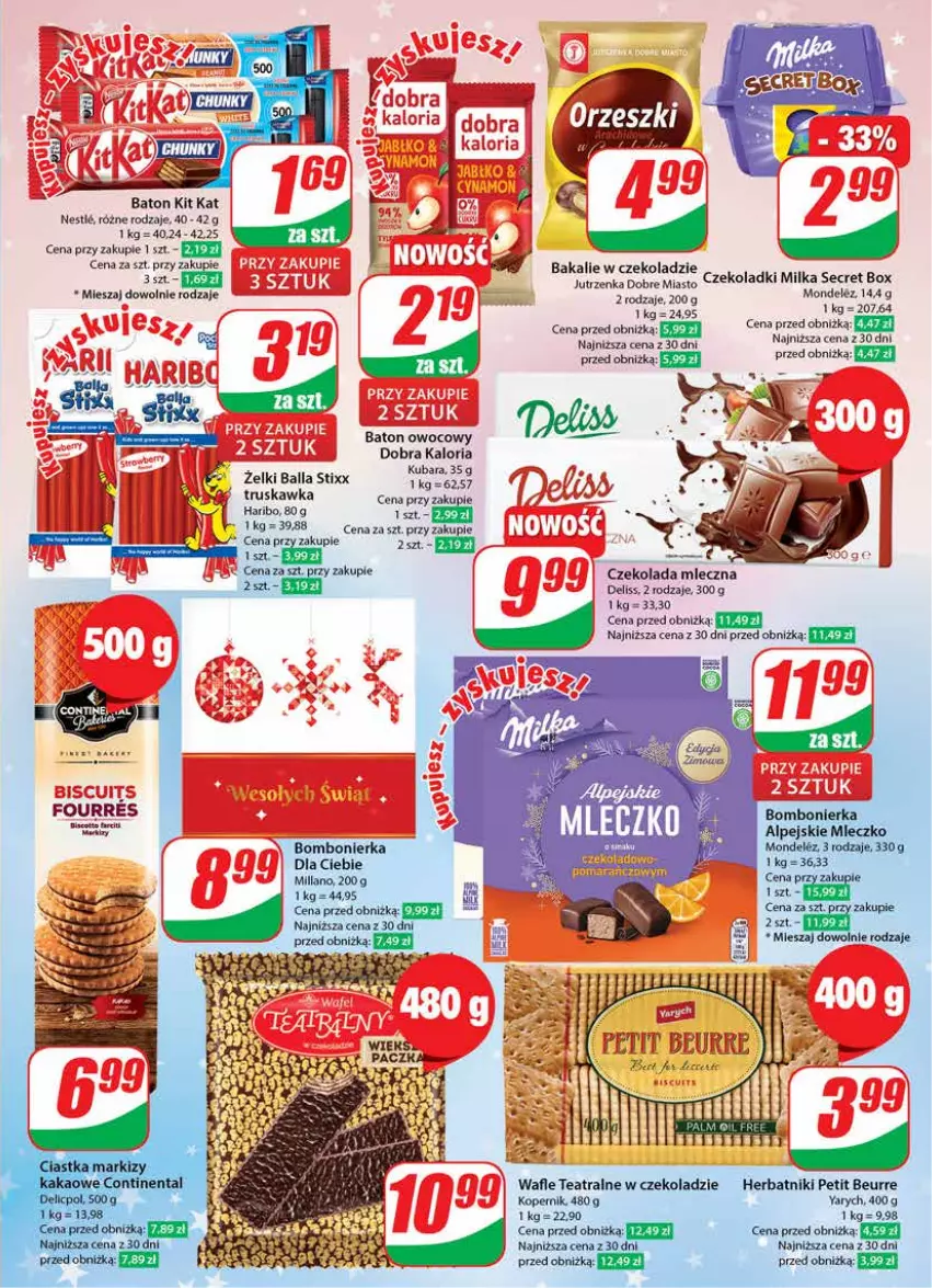 Gazetka promocyjna Dino - Gazetka 50 - ważna 13.12 do 19.12.2023 - strona 3 - produkty: Baton, Czekolada, Czekolada mleczna, Deliss, Fa, Haribo, Herbatniki, Herbatniki Petit Beurre, Jutrzenka, Kit Kat, Milka, Mleczko, Wafle