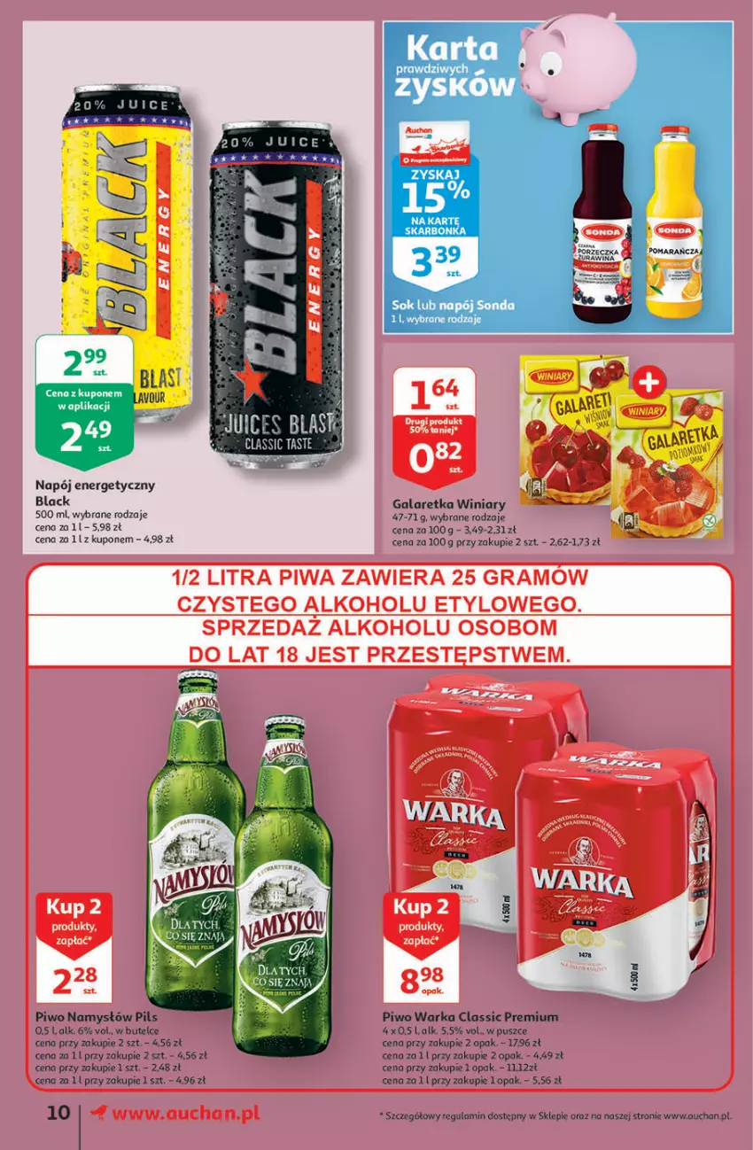 Gazetka promocyjna Auchan - Magia rabatów Supermarkety - ważna 12.11 do 17.11.2021 - strona 10 - produkty: Gala, Galaretka, Lack, Namysłów, Napój, Napój energetyczny, Piwo, Por, Sok, Warka, Winiary