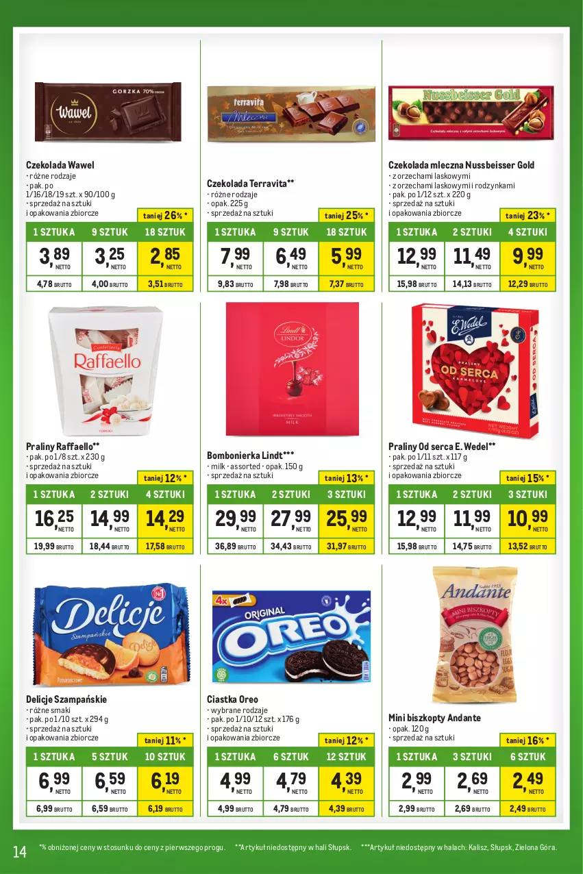 Gazetka promocyjna Makro - Kupujesz więcej płacisz mniej - oferta z alkoholem - ważna 23.01 do 19.02.2024 - strona 14 - produkty: Biszkopty, Ciastka, Czekolada, Czekolada mleczna, Delicje, E. Wedel, Fa, Lindt, Oreo, Praliny, Raffaello, Ser, Wawel