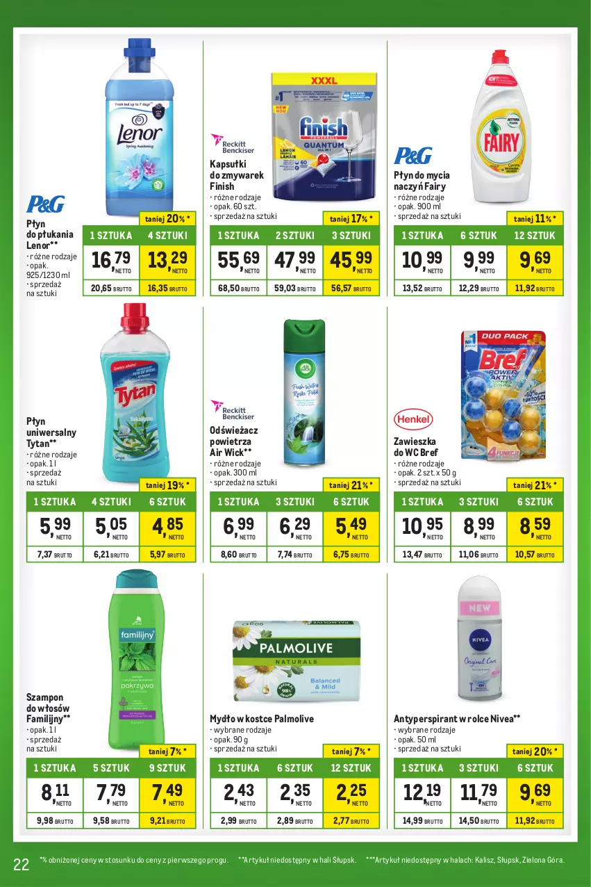 Gazetka promocyjna Makro - Kupujesz więcej płacisz mniej - oferta z alkoholem - ważna 23.01 do 19.02.2024 - strona 22 - produkty: Air Wick, Antyperspirant, Bref, Do mycia naczyń, Fa, Fairy, Finish, Lenor, Mydło, Nivea, Odświeżacz powietrza, Palmolive, Płyn do mycia, Płyn do mycia naczyń, Płyn do płukania, Szampon, Tytan, Zawieszka do wc