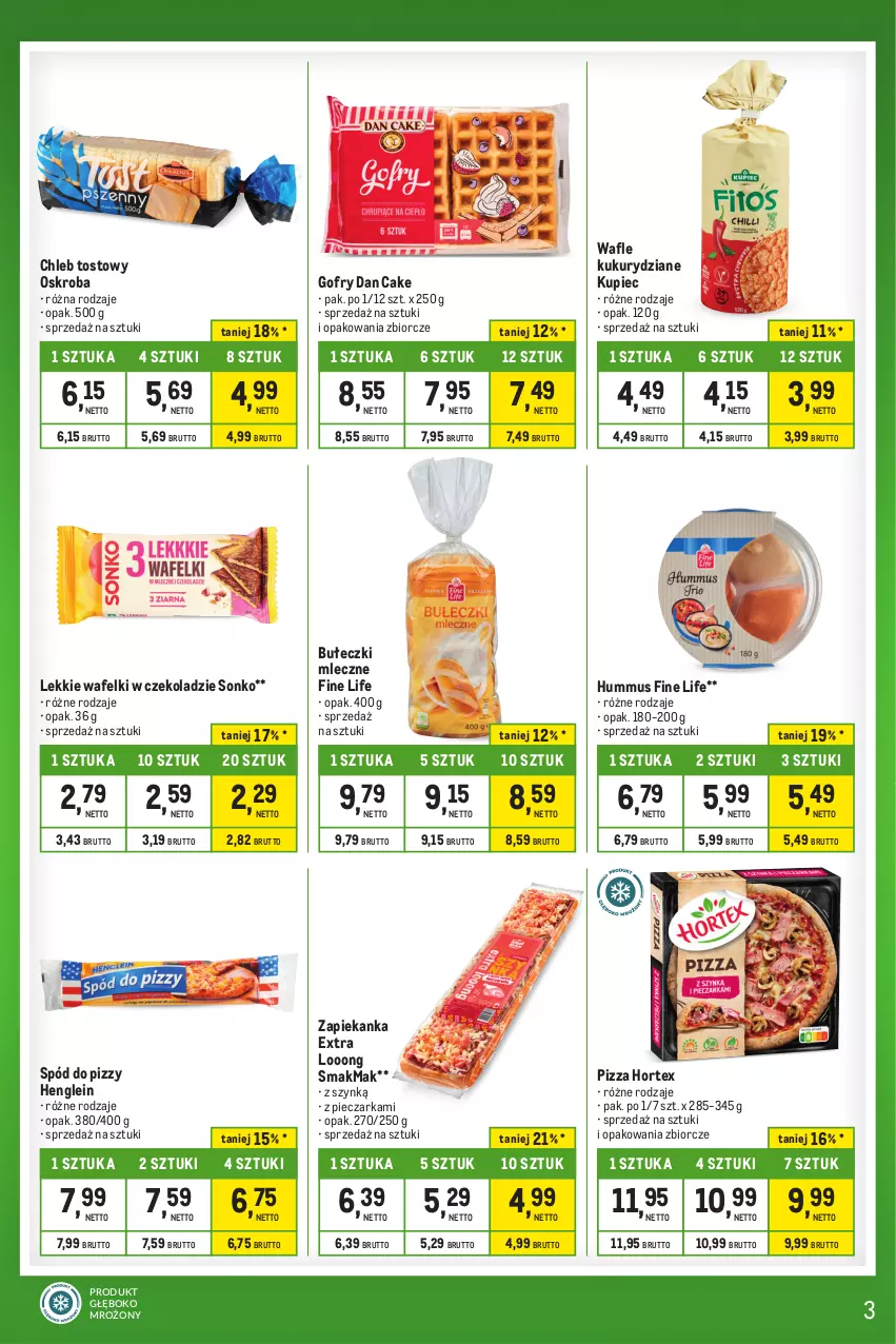 Gazetka promocyjna Makro - Kupujesz więcej płacisz mniej - oferta z alkoholem - ważna 23.01 do 19.02.2024 - strona 3 - produkty: Bułeczki, Bułeczki mleczne, Chleb, Chleb tostowy, Dan Cake, Gofry, Hortex, Hummus, Kupiec, Mus, Piec, Pieczarka, Pizza, Sonko, Spód do pizzy, Wafle, Zapiekanka