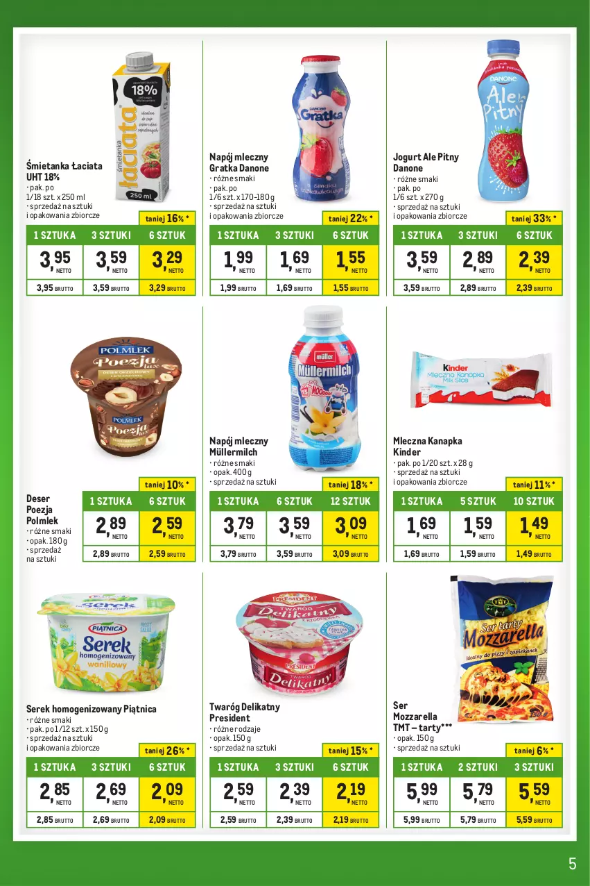 Gazetka promocyjna Makro - Kupujesz więcej płacisz mniej - oferta z alkoholem - ważna 23.01 do 19.02.2024 - strona 5 - produkty: Danone, Deser, Gra, Jogurt, Kinder, Mleczna kanapka, Mozzarella, Müller, Müllermilch, Napój, Napój mleczny, Piątnica, POLMLEK, Ser, Serek, Serek homogenizowany, Twaróg, Twaróg delikatny