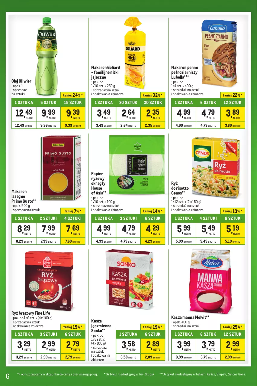 Gazetka promocyjna Makro - Kupujesz więcej płacisz mniej - oferta z alkoholem - ważna 23.01 do 19.02.2024 - strona 6 - produkty: Bell, Bella, Cenos, Fa, Goliard, House of Asia, Kasza, Kasza jęczmienna, Lasagne, Lubella, Makaron, Melvit, Olej, Papier, Papier ryżowy, Penne, Ryż, Ryż do risotto, Sonko