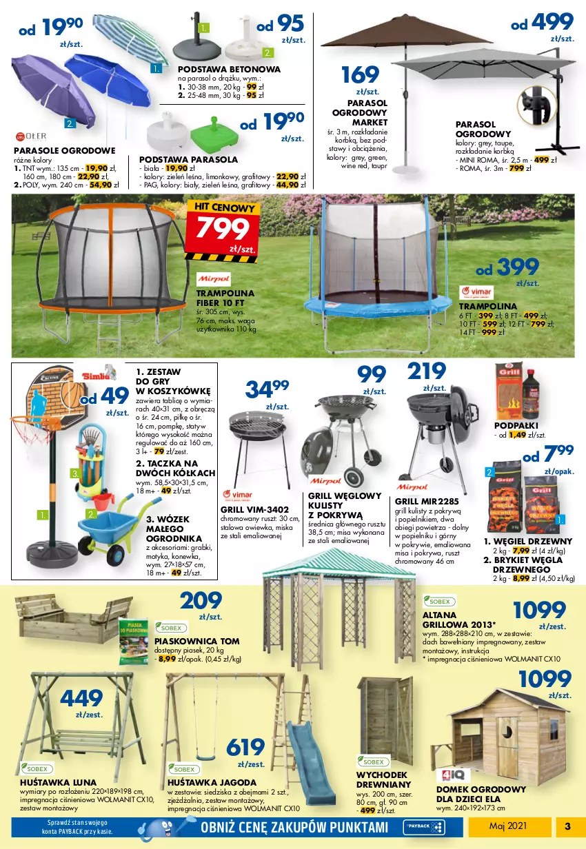 Gazetka promocyjna PSB Mrówka - Maj 2021 - ważna 30.04 do 15.05.2021 - strona 3 - produkty: Dzieci, Gra, Grill, Gry, Huśtawka, Konewka, Kosz, Miska, Olma, Parasol, Pokrywa, Sok, Waga, Węgiel drzewny, Wózek