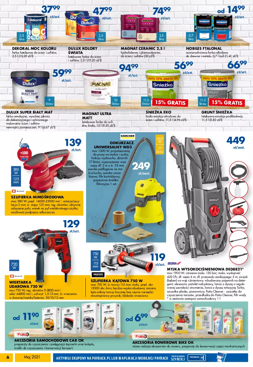 Gazetka promocyjna PSB Mrówka - Maj 2021 - ważna 30.04 do 15.05.2021 - strona 6 - produkty: Dekoral, Dulux, Emulsja, Fa, Farba lateksowa, Grunt, Koc, Magnat Ceramic, Mobil, Odkurzacz, Papier, Pistolet, Podkład, Pojemnik, Por, Rower, Rum, Ser, Sok, Szampon, Szczotka, Szlifierka, Szlifierka kątowa, Tarka, Top, Torebka, Wiertarka, Wiertarka udarowa