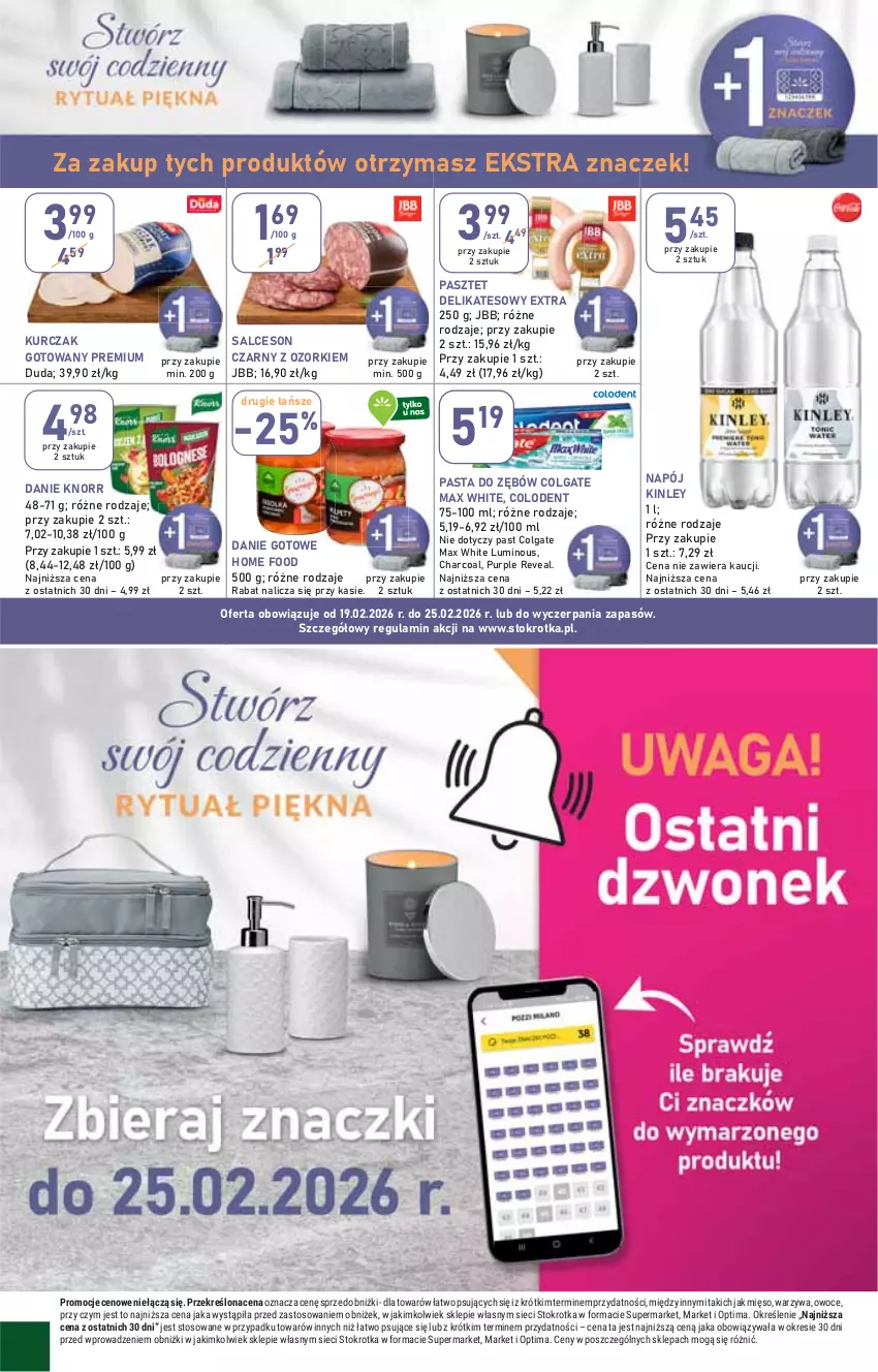 Gazetka promocyjna Stokrotka - Supermarket - ważna 19.02 do 25.02.2026 - strona 10 - produkty: Colgate, Danie gotowe, Duda, Knorr, Kurczak, Kurczak gotowany, LG, Mięso, Napój, Optima, Owoce, Pasta do zębów, Pasztet, Pur, Salceson, Warzywa