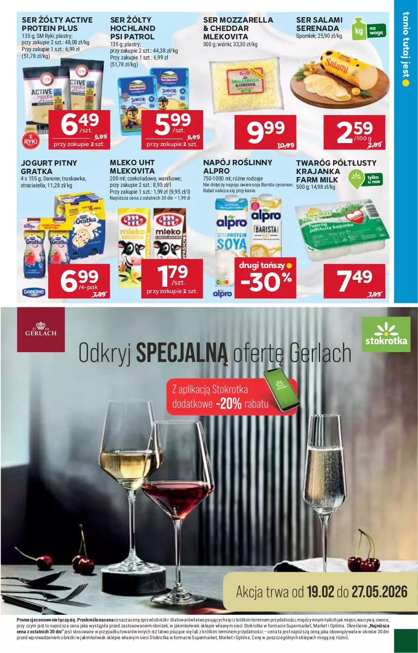 Gazetka promocyjna Stokrotka - Supermarket - ważna 19.02 do 25.02.2026 - strona 15 - produkty: Alpro, Cheddar, Danone, Fa, Farm Milk, Gra, Hochland, Jogurt, Jogurt pitny, Mięso, Mleko, Mlekovita, Mozzarella, Napój, Napój roślinny, Optima, Owoce, Psi Patrol, Salami, Ser, Ser salami, Twaróg, Twaróg półtłusty, Warzywa