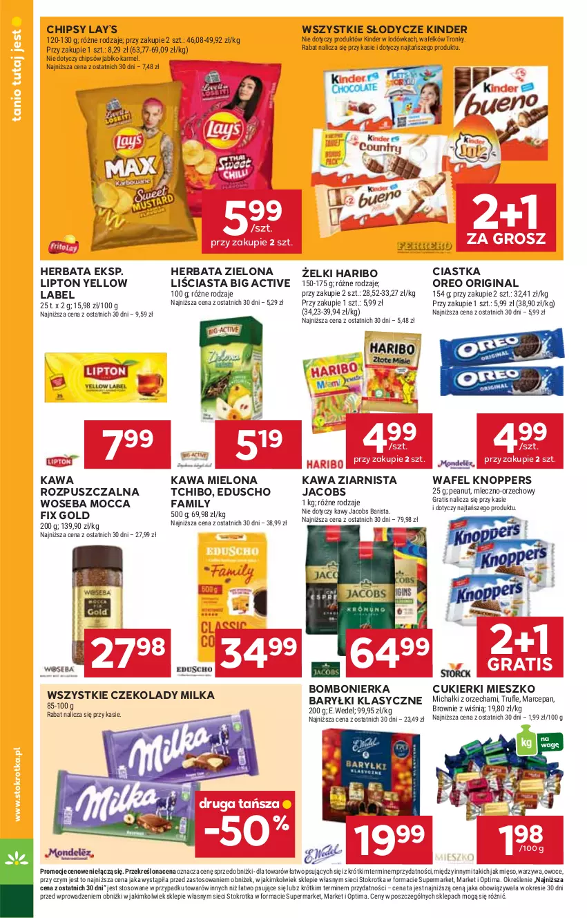Gazetka promocyjna Stokrotka - Supermarket - ważna 19.02 do 25.02.2026 - strona 18 - produkty: Baryłki, Brownie, Chipsy, Ciastka, Cukier, Cukierki, Fa, Gin, Gra, Haribo, Herbata, Jacobs, Kawa, Kawa mielona, Kawa rozpuszczalna, Kawa ziarnista, Kinder, Knoppers, Lay’s, Lipton, Lodówka, Michałki, Mięso, Milka, Mocca Fix Gold, Optima, Oreo, Owoce, Tchibo, Warzywa, Woseba