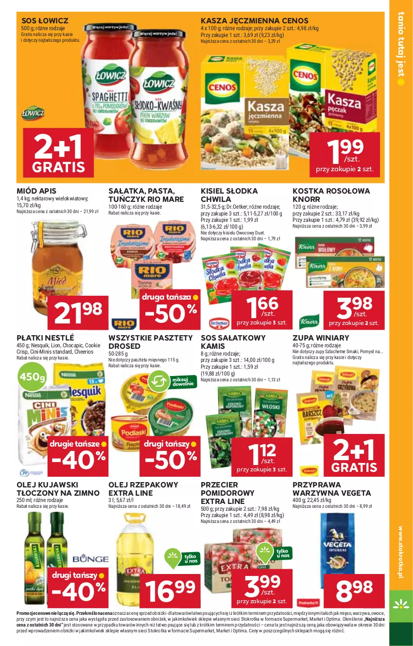 Gazetka promocyjna Stokrotka - Supermarket - ważna 19.02 do 25.02.2026 - strona 19 - produkty: Cenos, Cheerios, Gra, Kamis, Kasza, Kasza jęczmienna, Kisiel, Knorr, Kujawski, Lion, Mięso, Miód, Nektar, Nesquik, Nestlé, Olej, Olej rzepakowy, Optima, Owoce, Pasztet, Rio Mare, Sałat, Sałatka, Słodka Chwila, Sos, Tuńczyk, Vegeta, Warzywa, Winiary, Zupa