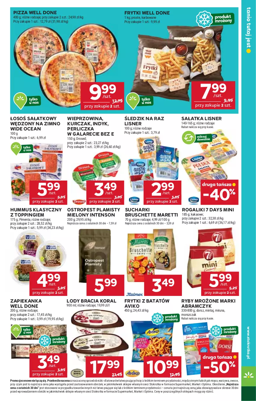 Gazetka promocyjna Stokrotka - Supermarket - ważna 19.02 do 25.02.2026 - strona 29 - produkty: 7 Days, Bruschette, Dorsz, Frytki, Frytki z batatów, Gala, Hummus, Kakao, Kurczak, Lisner, Lody, Mięso, Mintaj, Miruna, Mus, Optima, Ostropes, Owoce, Perliczka, Pizza, Rogal, Sałat, Sałatka, Top, Warzywa, Wieprzowina, Zapiekanka