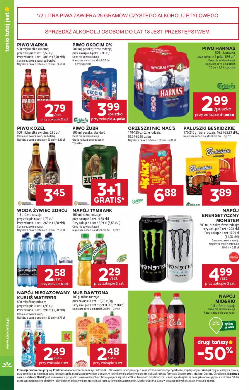 Gazetka promocyjna Stokrotka - Supermarket - ważna 19.02 do 25.02.2026 - strona 30 - produkty: Beskidzki, Dawtona, Gra, Harnaś, Koc, Kozel, Kubuś, Kubuś Waterrr, Mięso, Mus, Napój, Napój energetyczny, Napój niegazowany, Okocim, Optima, Orzeszki, Owoce, Piwa, Piwo, Tymbark, Warka, Warzywa, Woda