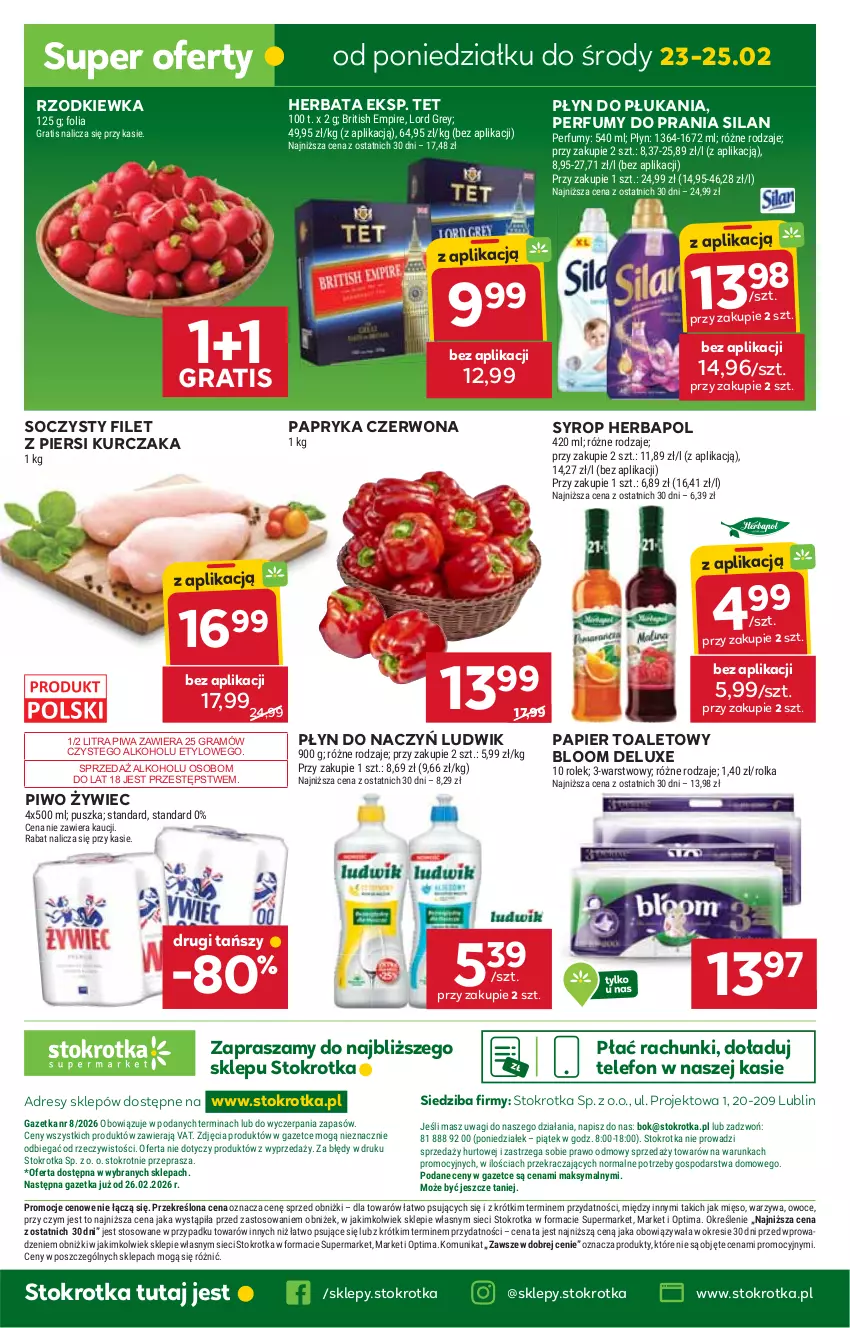 Gazetka promocyjna Stokrotka - Supermarket - ważna 19.02 do 25.02.2026 - strona 36 - produkty: Brit, Dres, Filet z piersi kurczaka, Gra, Herbapol, Herbata, JBL, Kurczak, Ludwik, Mięso, O nas, Optima, Owoce, Papier, Papier toaletowy, Papryka, Papryka czerwona, Perfum, Piwa, Piwo, Płyn do płukania, Rzodkiewka, Silan, Syrop, Telefon, Wagi, Warzywa