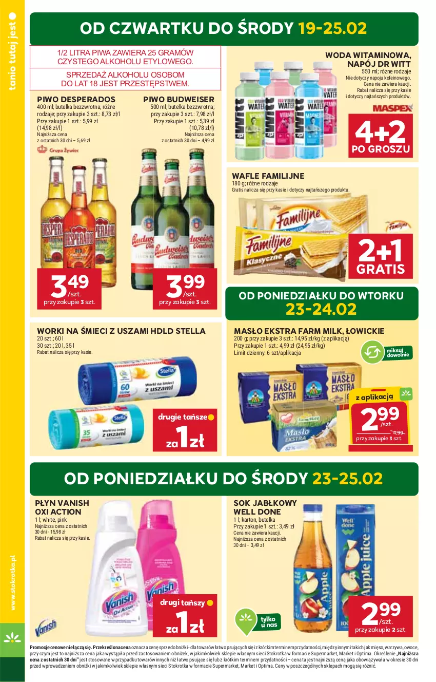 Gazetka promocyjna Stokrotka - Supermarket - ważna 19.02 do 25.02.2026 - strona 6 - produkty: Desperados, Fa, Farm Milk, Gra, Masło, Mięso, Napój, Optima, Owoce, Piwa, Piwo, Ser, Sok, Sok jabłkowy, Vanish, Wafle, Warzywa, Woda, Worki na śmiec, Worki na śmieci