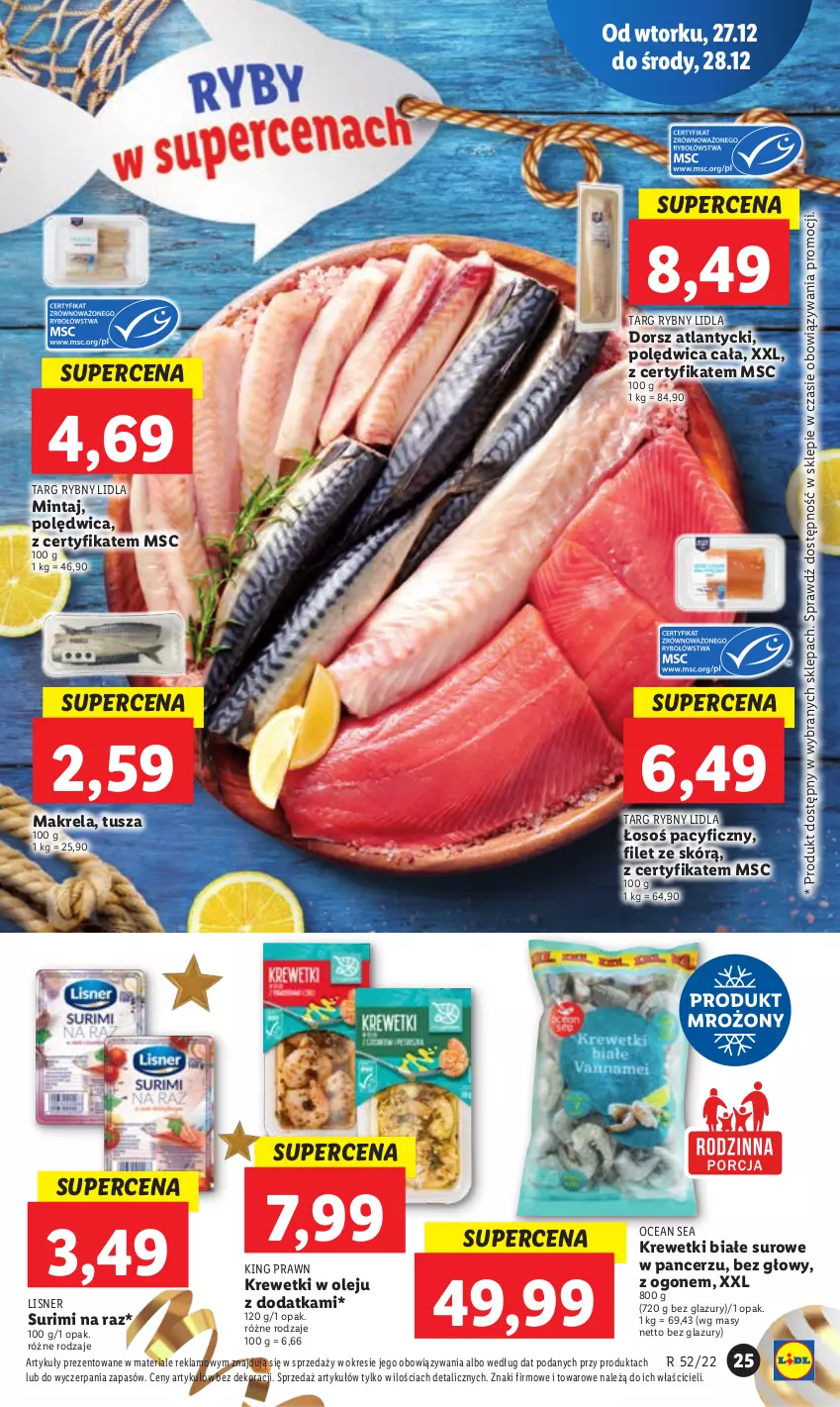 Gazetka promocyjna Lidl - GAZETKA - ważna 27.12 do 28.12.2022 - strona 27 - produkty: Dorsz, Krewetki, Lazur, Lisner, Mintaj, Olej, Polędwica, Surimi, Tusz