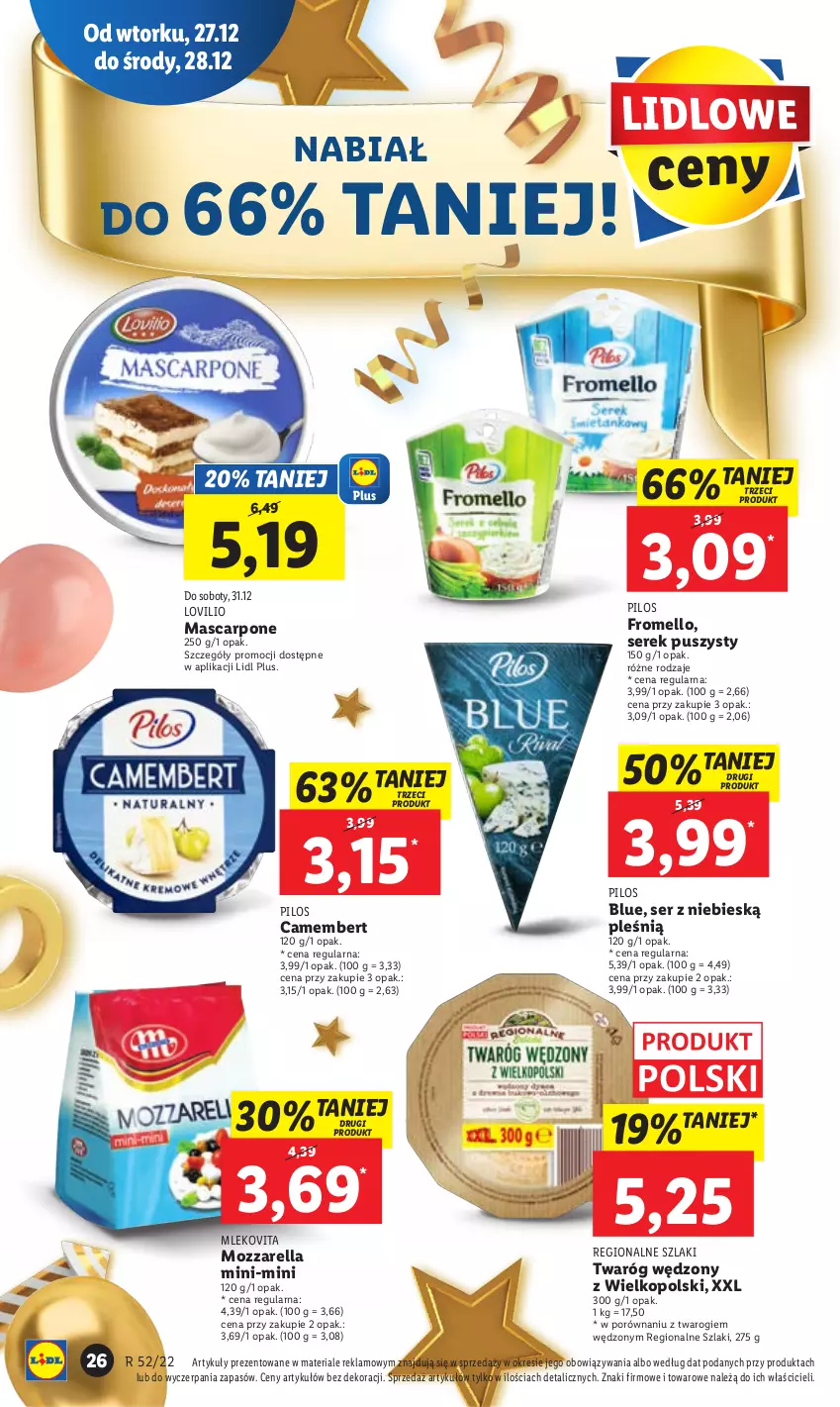 Gazetka promocyjna Lidl - GAZETKA - ważna 27.12 do 28.12.2022 - strona 28 - produkty: Camembert, Lovi, Mascarpone, Mleko, Mlekovita, Mozzarella, Pilos, Por, Ser, Serek, Serek puszysty, Twaróg