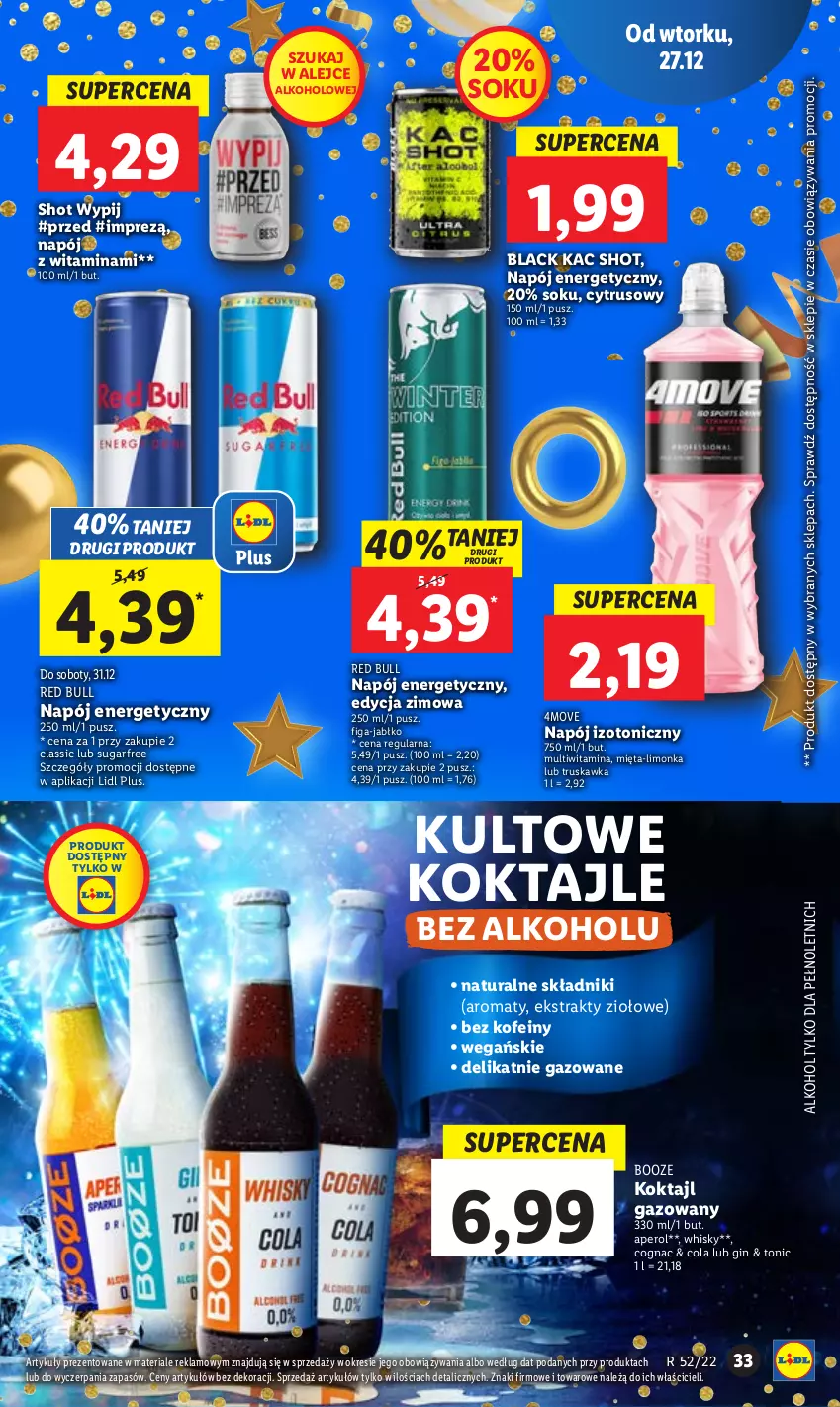 Gazetka promocyjna Lidl - GAZETKA - ważna 27.12 do 28.12.2022 - strona 39 - produkty: Aperol, Gin, Lack, Limonka, Mięta, Napój, Napój energetyczny, Napój izotoniczny, Red Bull, Sok, Whisky