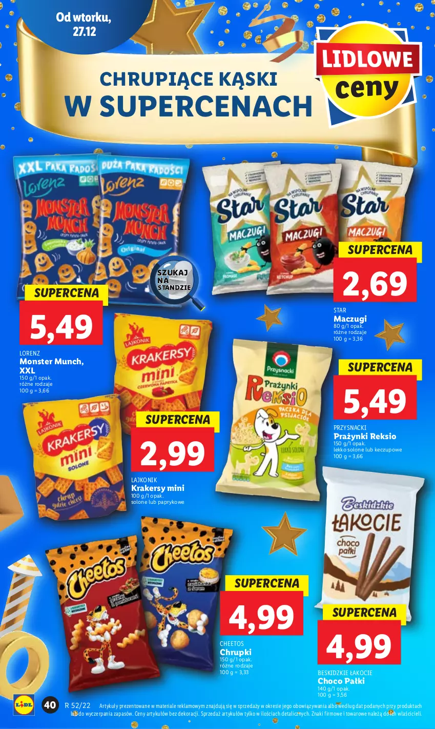 Gazetka promocyjna Lidl - GAZETKA - ważna 27.12 do 28.12.2022 - strona 46 - produkty: Beskidzki, Cheetos, Chrupki, Koc, Krakersy, Lajkonik, Lorenz, Monster Munch, Przysnacki