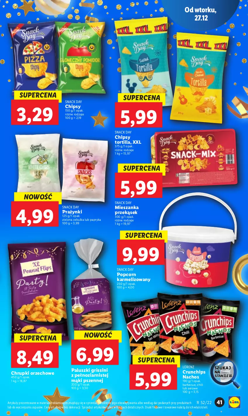 Gazetka promocyjna Lidl - GAZETKA - ważna 27.12 do 28.12.2022 - strona 47 - produkty: Chipsy, Chrupki, Crunchips, Grissini, Lorenz, Papryka, Popcorn, Ser, Tortilla