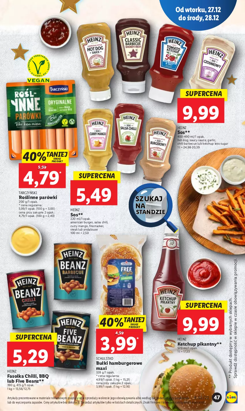 Gazetka promocyjna Lidl - GAZETKA - ważna 27.12 do 28.12.2022 - strona 53 - produkty: Burger, Fa, Hamburger, Heinz, Hot dog, Ketchup, Mango, Parówki, Salsa, Sos, Tarczyński