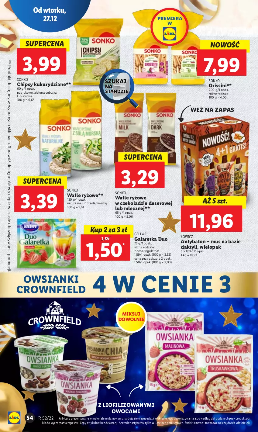 Gazetka promocyjna Lidl - GAZETKA - ważna 27.12 do 28.12.2022 - strona 60 - produkty: Baton, Chipsy, Deser, Gala, Galaretka, Grissini, Mus, Ryż, Ser, Sonko