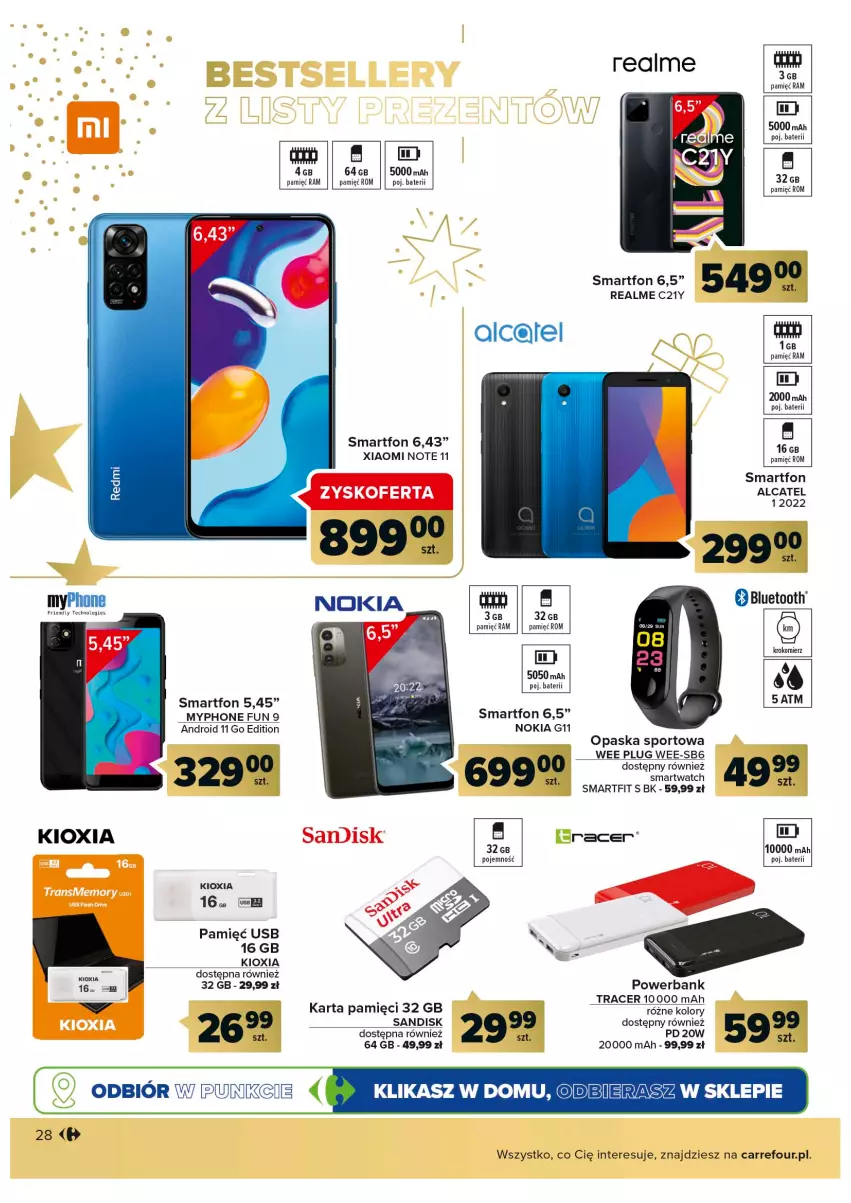 Gazetka promocyjna Carrefour - Gazetka Prezenty część 2 - ważna 29.11 do 24.12.2022 - strona 28 - produkty: Acer, Karta pamięci, Krokomierz, MyPhone, Nokia, Opaska, Por, Powerbank, Smartfon, Smartwatch, Sport