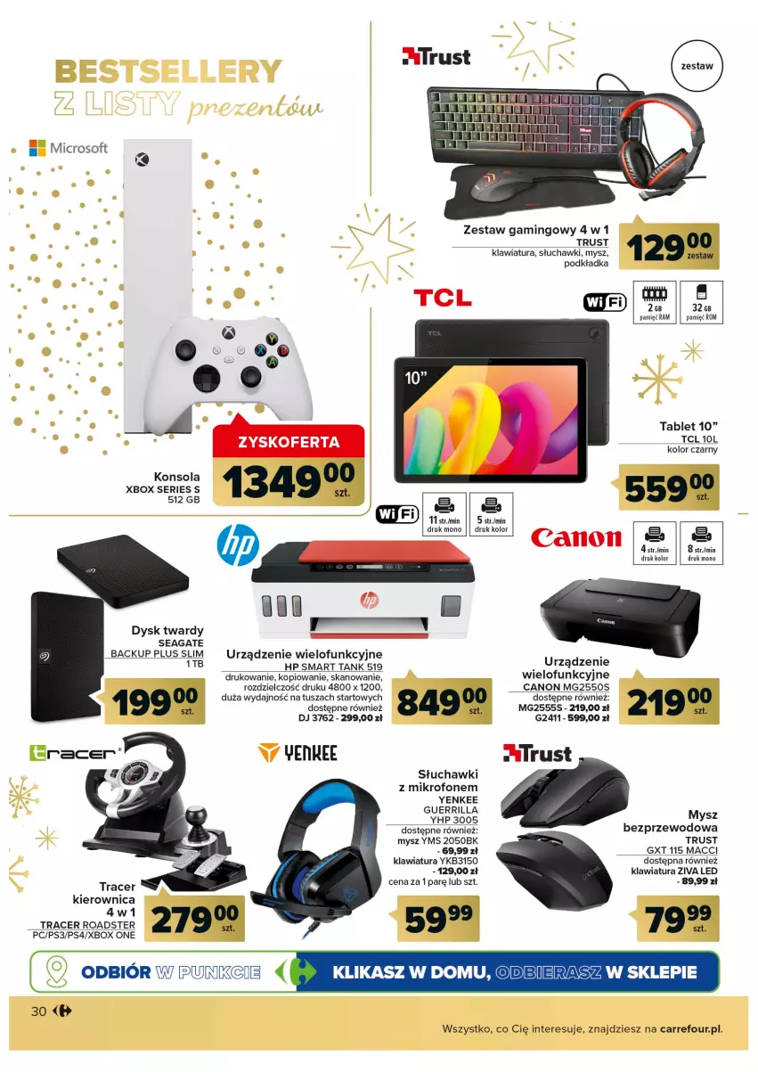 Gazetka promocyjna Carrefour - Gazetka Prezenty część 2 - ważna 29.11 do 24.12.2022 - strona 30 - produkty: Acer, Canon, HP, Kierownica, Klawiatura, Konsola, Mikrofon, Mysz, Mysz bezprzewodowa, Podkład, Podkładka, Rust, Ser, Słuchawki, Tablet, Tusz, Urządzenie wielofunkcyjne, Xbox