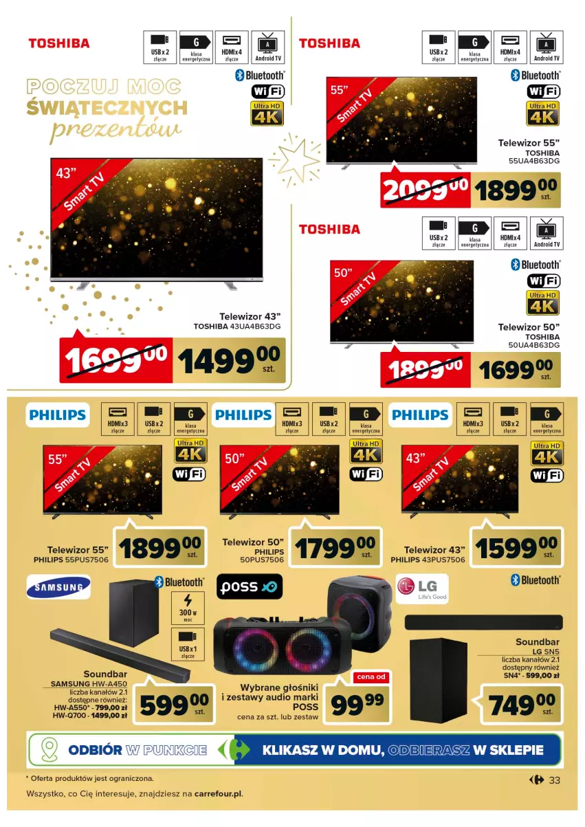 Gazetka promocyjna Carrefour - Gazetka Prezenty część 2 - ważna 29.11 do 24.12.2022 - strona 33 - produkty: Android TV, Głośnik, Gra, LG, Philips, Samsung, Soundbar, Telewizor, Toshiba