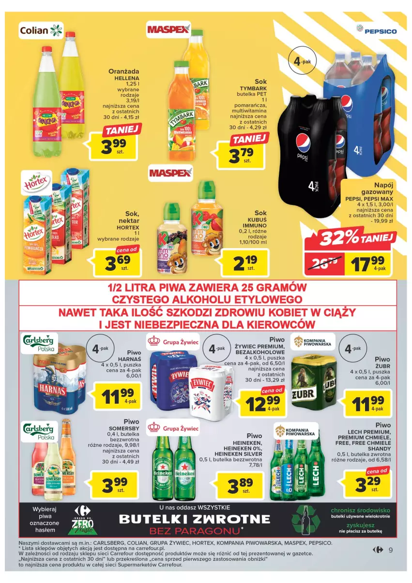 Gazetka promocyjna Carrefour - Gazetka Market - ważna 10.01 do 21.01.2023 - strona 9 - produkty: Carlsberg, Gra, Harnaś, Heineken, Hellena, Hortex, Lech Premium, Napój, Napój gazowany, Nektar, Oranżada, Pepsi, Pepsi max, Piec, Piwa, Piwo, Sok, Somersby, Tymbark