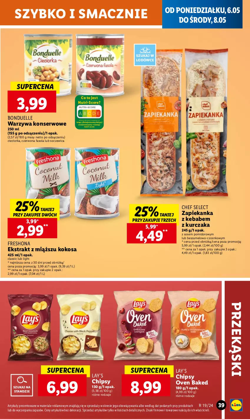 Gazetka promocyjna Lidl - GAZETKA - ważna 06.05 do 08.05.2024 - strona 49 - produkty: Bonduelle, Chipsy, Cieciorka, Fa, Fasola, Kebab, Kokos, Kurczak, Lay’s, Orka, Ser, Sos, Warzywa, Warzywa konserwowe, Wazon, Zapiekanka