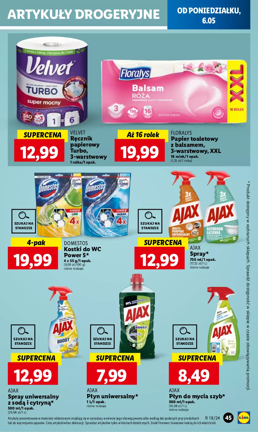 Gazetka promocyjna Lidl - GAZETKA - ważna 06.05 do 08.05.2024 - strona 55 - produkty: Ajax, Domestos, Flora, Papier, Papier toaletowy, Płyn do mycia, Ręcznik, Velvet