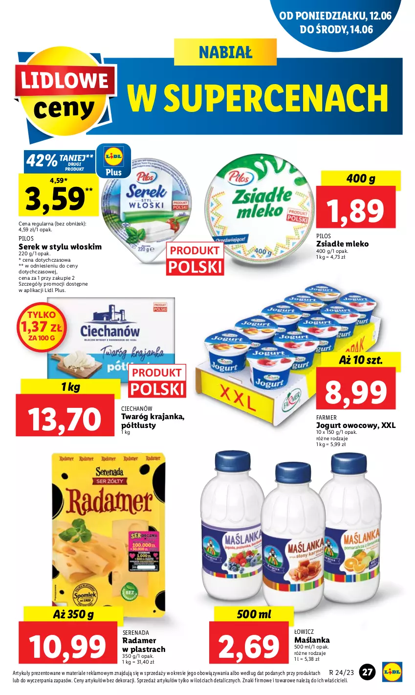 Gazetka promocyjna Lidl - GAZETKA - ważna 12.06 do 14.06.2023 - strona 29 - produkty: Fa, Jogurt, Jogurt owocowy, Maślanka, Mleko, Pilos, Radamer, Ser, Serek, Twaróg