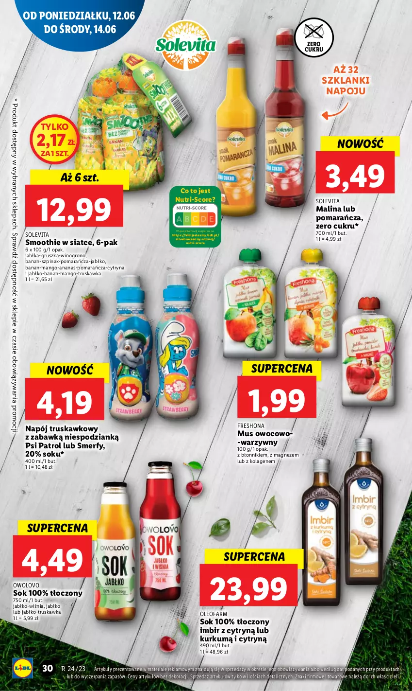 Gazetka promocyjna Lidl - GAZETKA - ważna 12.06 do 14.06.2023 - strona 32 - produkty: Ananas, Fa, Imbir, Jabłka, Kolagen, Lanki, Magnez, Mango, Mus, Napój, Oleo, Oleofarm, Psi Patrol, Smoothie, Sok, Szpinak, Wazon, Wino