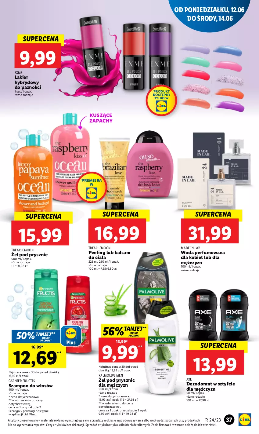 Gazetka promocyjna Lidl - GAZETKA - ważna 12.06 do 14.06.2023 - strona 39 - produkty: Balsam do ciała, Dezodorant, Fructis, Garnier, Lakier, Lakier hybrydowy, Palmolive, Peeling, Perfum, Szampon, Woda, Woda perfumowana