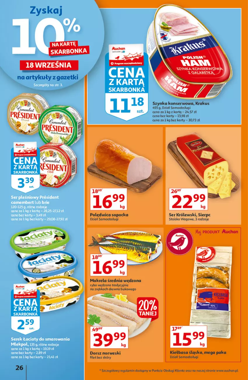 Gazetka promocyjna Auchan - Hiperoszczędzanie w wersji Maxi Paki Hipermarkety - ważna 16.09 do 22.09.2021 - strona 26 - produkty: Dorsz, Gin, Krakus, Królewski, Polędwica, Ryba, Ser, Szynka, Szynka konserwowa