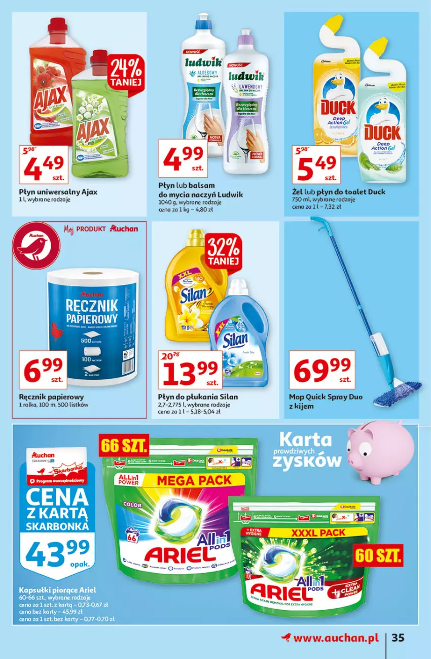 Gazetka promocyjna Auchan - Hiperoszczędzanie w wersji Maxi Paki Hipermarkety - ważna 16.09 do 22.09.2021 - strona 35 - produkty: Ajax, Balsam do mycia naczyń, Do mycia naczyń, Duck, Kije, Ludwik, Mop, Papier, Płyn do płukania, Ręcznik, Silan