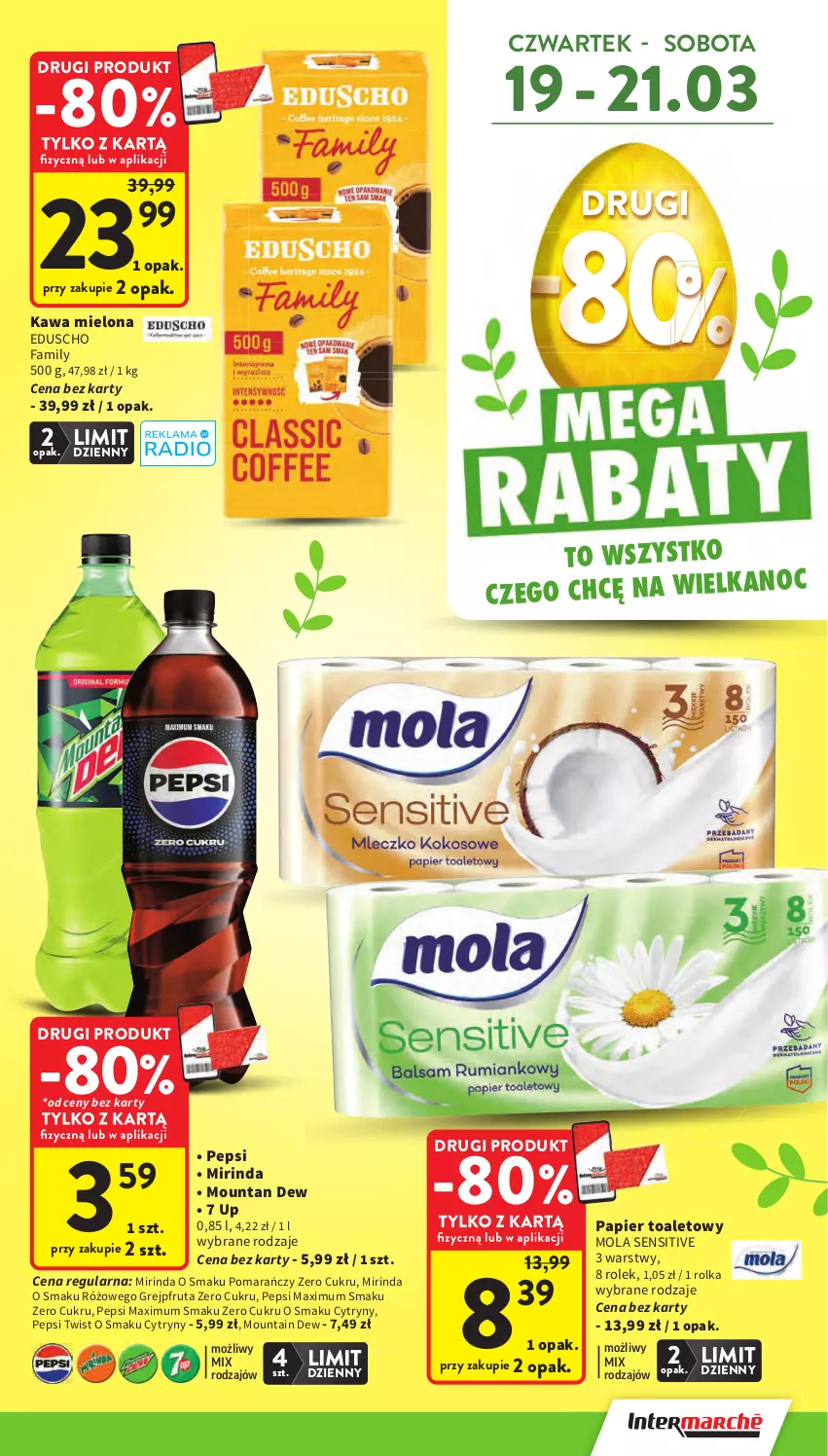 Gazetka promocyjna Intermarche - Gazetka Intermarche - ważna 19.03 do 25.03.2026 - strona 5 - produkty: Cytryny, Fa, Grejpfrut, Kawa, Kawa mielona, Mirinda, Mola, Papier, Papier toaletowy, Pepsi, Pepsi max