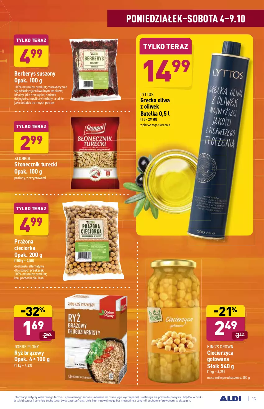 Gazetka promocyjna Aldi - SUPER SMACZNE OKAZJE - ważna 04.10 do 09.10.2021 - strona 13 - produkty: Cieciorka, Jogurt, King’s Crown, Mus, Oliwa z oliwek, Orka, Ryż, Słonecznik turecki, Słonpol, Tera